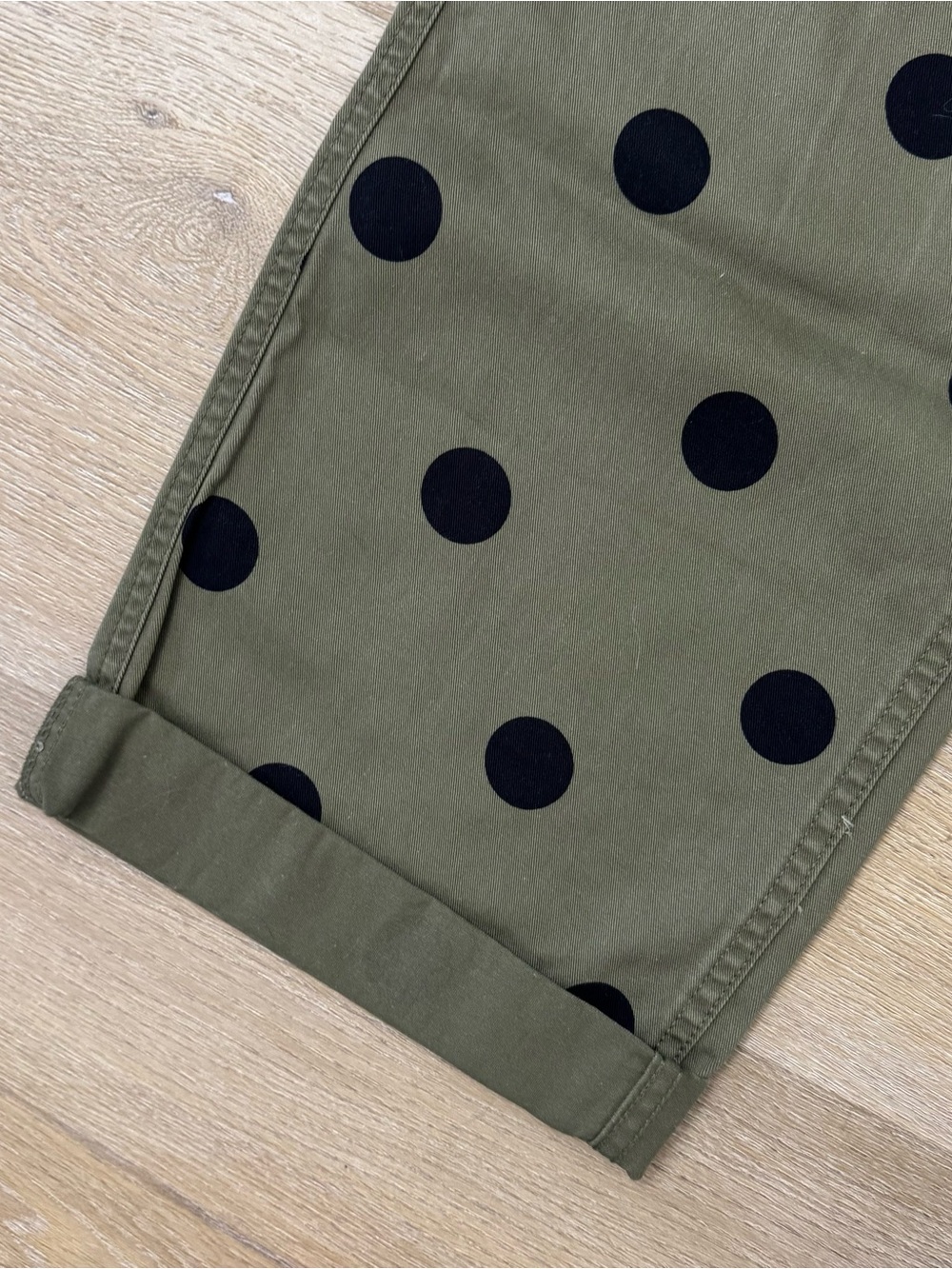 J Crew Olive Green Polka Dot Pants with Black Dots - Picture 3 of 9